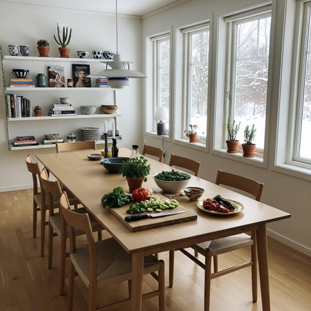 Modern dining room with wooden table and chairs. View from above.の写真素材