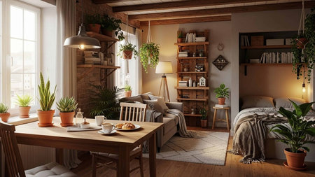 3D rendering of a cozy living room in a Scandinavian style.の写真素材