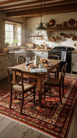 interior of rustic country style kitchen with wooden table and chairsの写真素材