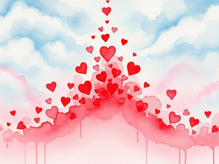 Valentine's day abstract watercolor background with hearts and cloudsの写真素材