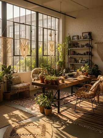 Interior of living room in loft style with plants in pots and wooden furnitureの写真素材