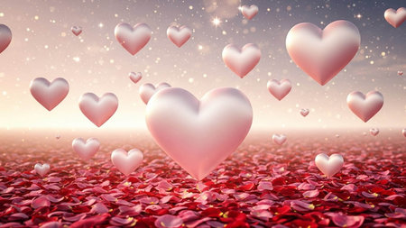 Valentine's day background with red hearts and rose petalsの写真素材