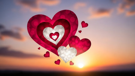 Valentine's day background with hearts against sunset over mountain landscapeの写真素材