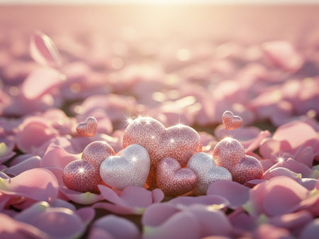 Heart on pink flower petals background. Valentine's day concept.の写真素材
