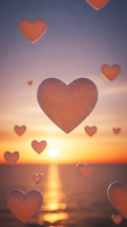 Valentine's day background with hearts on the sea and sunsetの写真素材