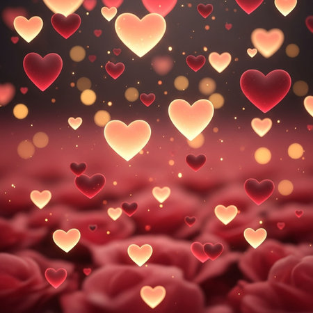 Valentines day background with red hearts and bokeh lightsの写真素材