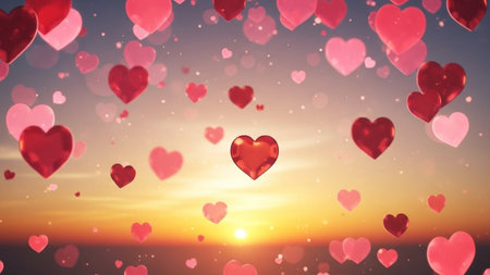 Red hearts flying on sunset sky background. Love and romance concept. 3D Renderingの写真素材