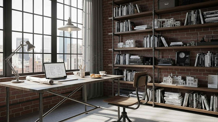 Interior of modern office with brick walls, wooden floor, panoramic window with city view and daylight. 3d renderの写真素材