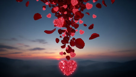 Valentine's Day background with red hearts and sky. 3d renderingの写真素材