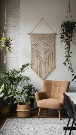 Interior of modern living room with armchair and macrame hanging on wall