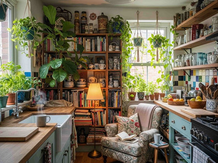 Interior of a rustic home library with bookshelves and bookshelvesの写真素材
