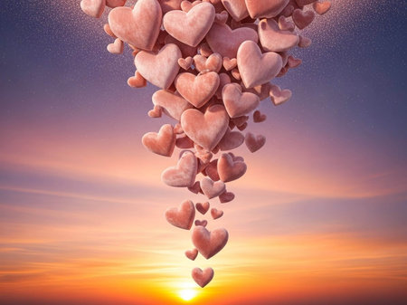 Hearts flying in the sky. Valentines day concept. 3D Rendering