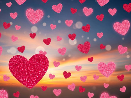 Valentine's day background with red hearts and sunset sky.