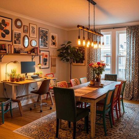 Interior of a cozy dining room with a table and chairs.の写真素材
