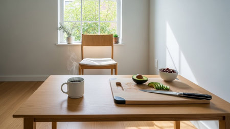 Wooden table with cup of coffee and cutlery on it