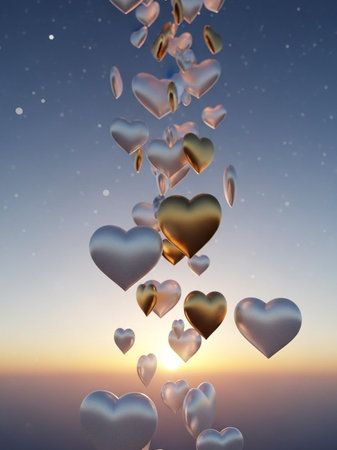3d illustration of flying hearts over sunset sky. Valentine's day conceptの写真素材