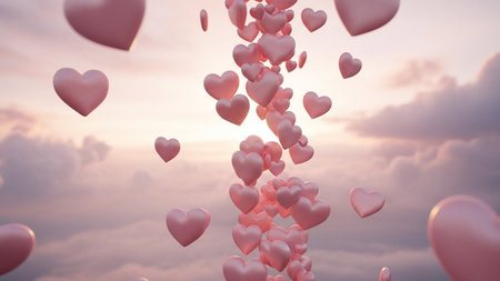 Pink heart balloons flying in the sky. 3d render illustration.