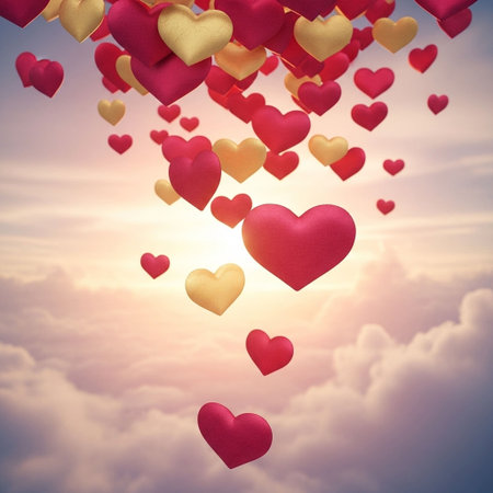 Red and yellow hearts flying in the sky with clouds. 3d rendering