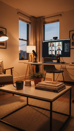 Video call business people meeting on virtual workplace or remote office. Telework conference call...