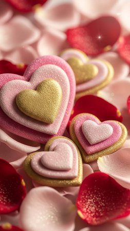 Heart-shaped candies on a background of pink rose petals