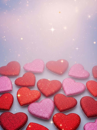 Valentine's day background with red hearts and sparkles.