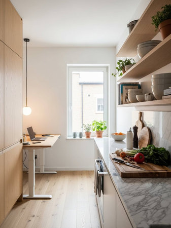 interior of modern kitchen in new house, domestic kitchen with furnitureの写真素材