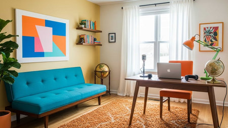 Interior of a living room with a blue sofa and a laptop
