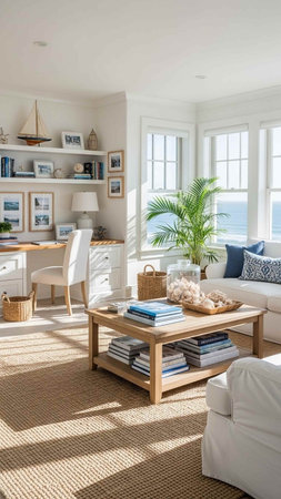 Interior of a modern living room with a white sofa, a coffee table and a large window