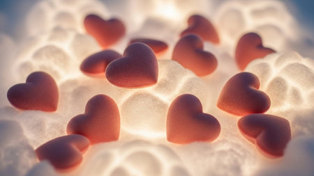 Valentine's day background with red hearts on a white backgroundの写真素材