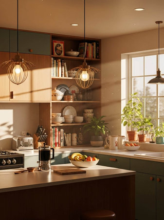 interior of a modern kitchen with wooden cabinets. 3d render