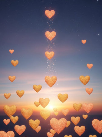 hearts flying in the sunset sky, valentines day backgroundの写真素材
