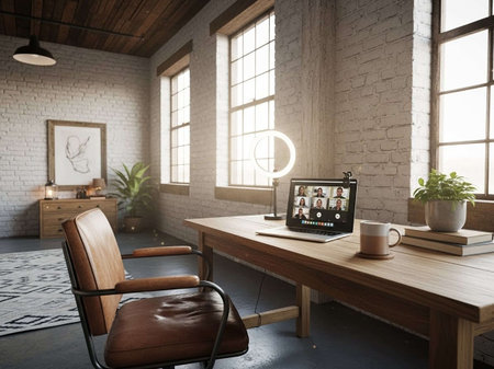 Interior of modern office with wooden walls, concrete floor, comfortable brown armchairs and...