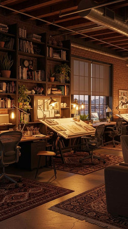 Interior of a modern office with bookshelves and furniture.