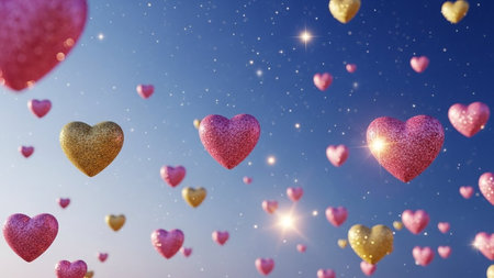 Valentine's day background with hearts and blue sky. 3d rendering