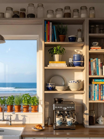 Shelves with books and kitchen utensilsの写真素材