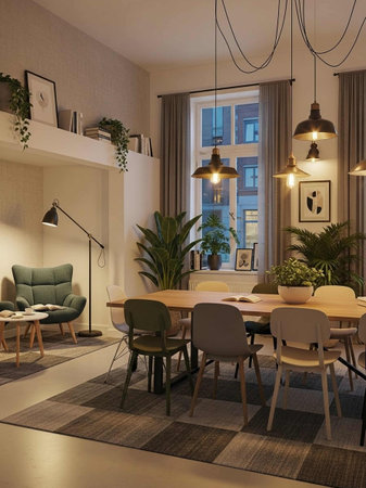 Interior of modern dining room. 3D render. Evening lighting.