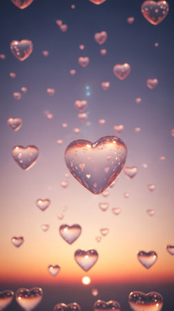 Heart bokeh on sunset sky background. Valentine's day background