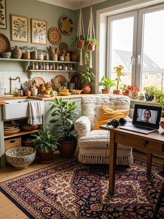 Interior of a rustic kitchen with a vintage furniture and a laptop