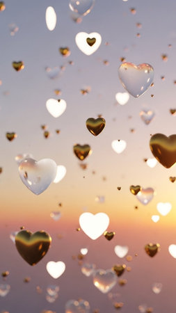 Hearts flying in the sunset sky, valentines day backgroundの写真素材