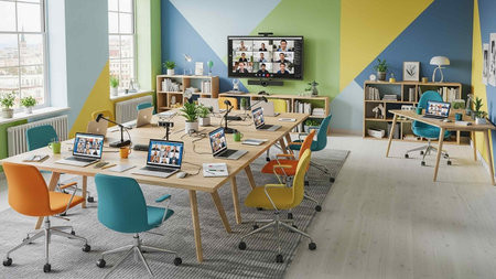 3D rendering of a modern office interior design with computers