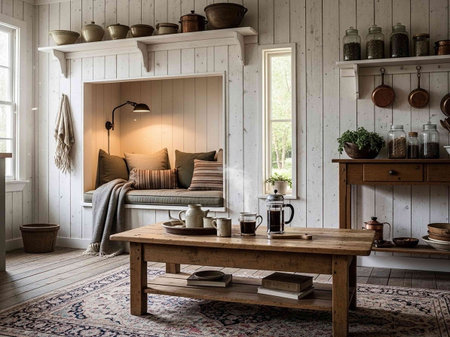 Interior of a rustic country house with a wooden furniture and a coffee table