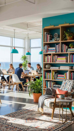 Interior of a modern office with bookshelves and people working