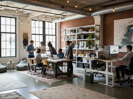 Group of diverse business people working together in a modern bright office.