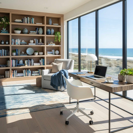Interior of a modern living room with sea view. Nobody insideの写真素材