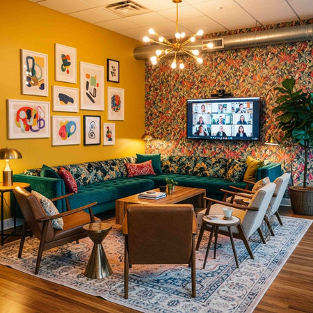 Interior of a modern cafe with a green sofa and wooden tables