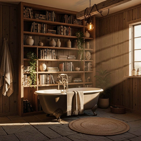 Bathroom interior with bathtub, bookshelf and window. 3d renderの写真素材