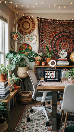 Interior of a cozy and stylish home office with computers, plants and decorations