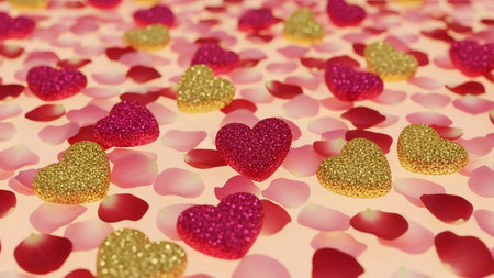 Valentine's Day background with hearts and rose petals.