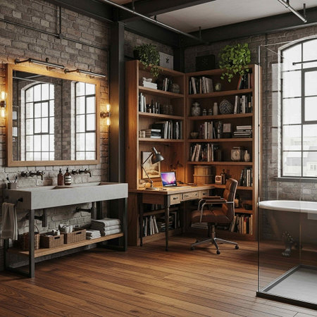 Interior of modern office with brick walls, wooden floor, loft windows, bookcase and comfortable...