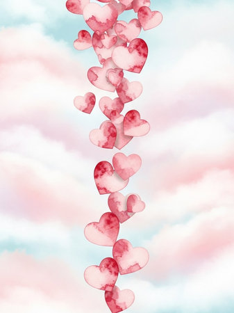 Valentines day background with hearts and clouds. Watercolor illustration.